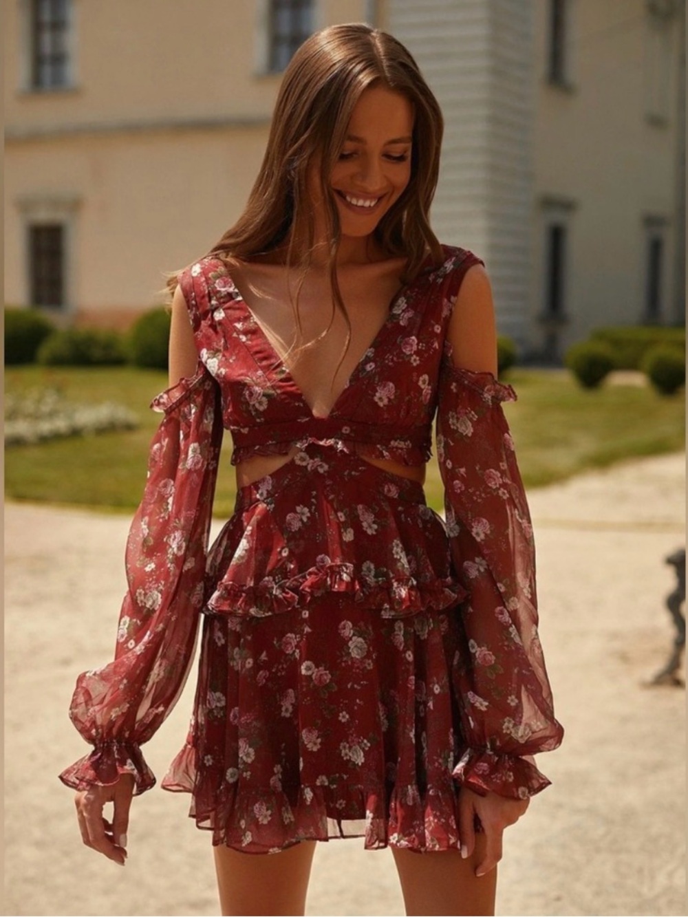Alamour The Label Burgundy Floral Cutout Mini Dress